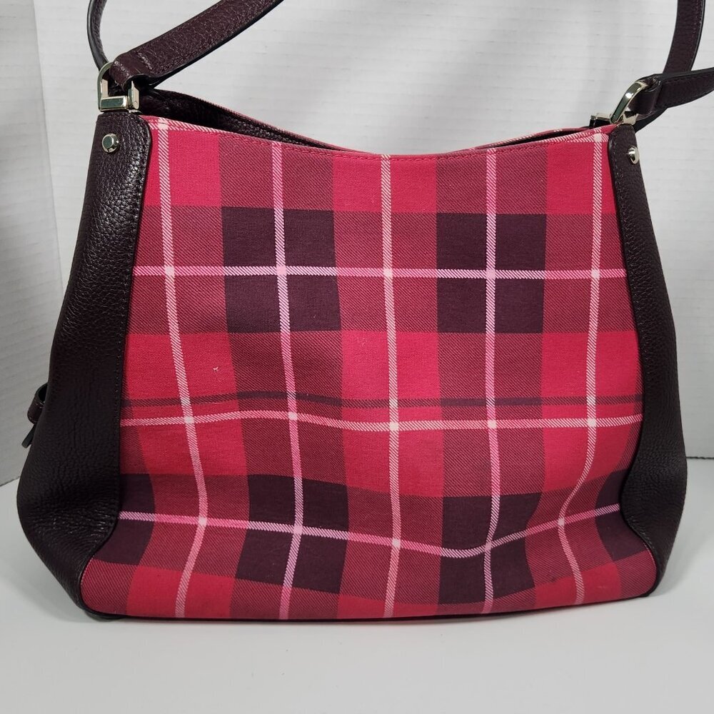 Pink / Brown plaid three compartment Kate Spade handbag. Gently Used